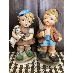 Vintage Japan Porcelain Figurines Little Girl & Lamb Boy With Umbrella 8.5" Tall